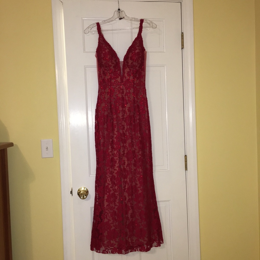Jovani: Red Fitted Lace Long Gown #48994 - Prom